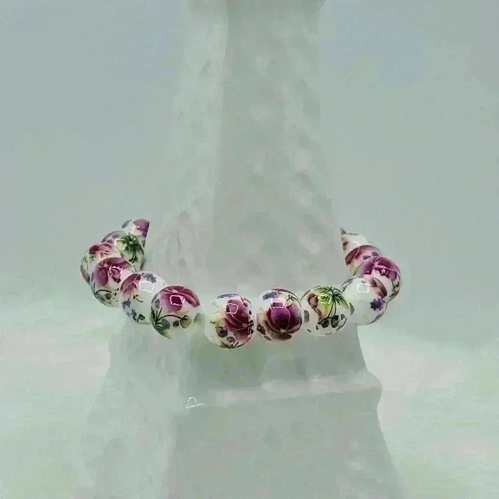 Chinese-Style Ceramic Purple Floral Beads Stretch Bracelet - Picture 3 of 6